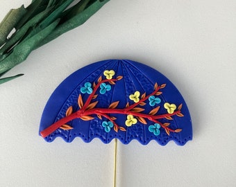 Blue Umbrella Polymer Clay Brooch / Flower Pin / Floral Brooch / Plant Pin / Garden Pin / Botanical Brooch