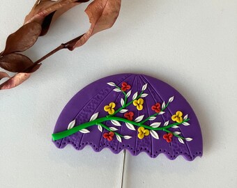 Floral Umbrella Brooch / Garden Polymer Clay Pin / Umbrella Jewelry / Flower Purple Brooch / Forest Pin