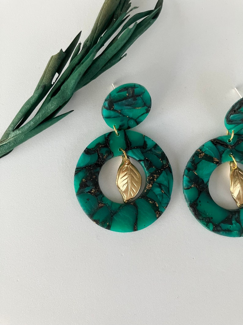 Green Translucent Earring / Circle Polymer Clay Earring / Dark Green Statement Earring / Hollow Earring image 2