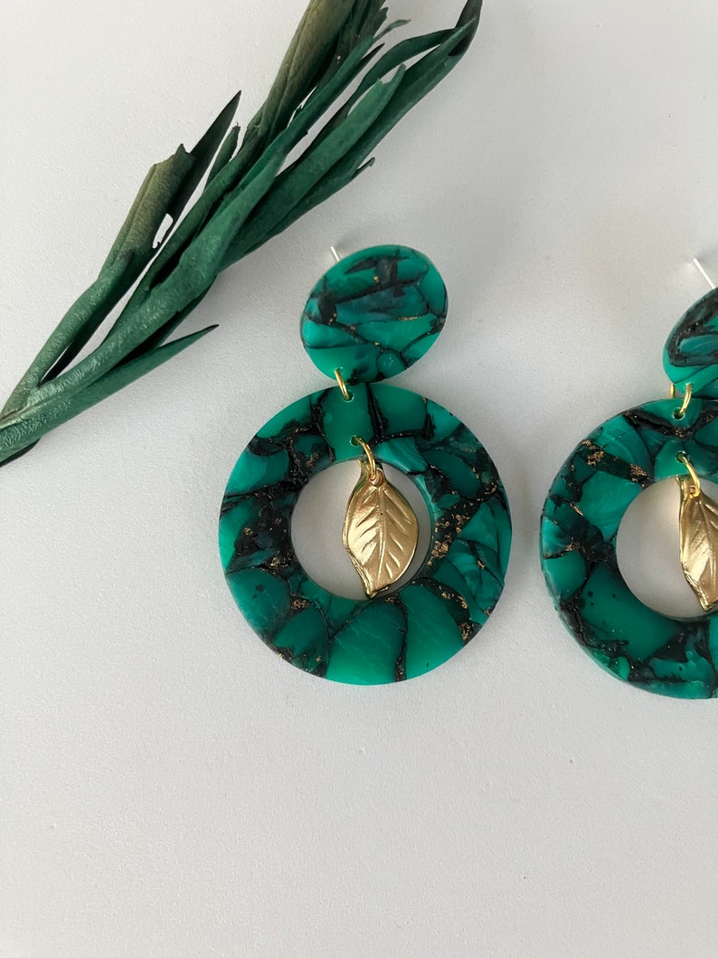 Green Translucent Earring / Circle Polymer Clay Earring / Dark Green Statement Earring / Hollow Earring zdjęcie 2