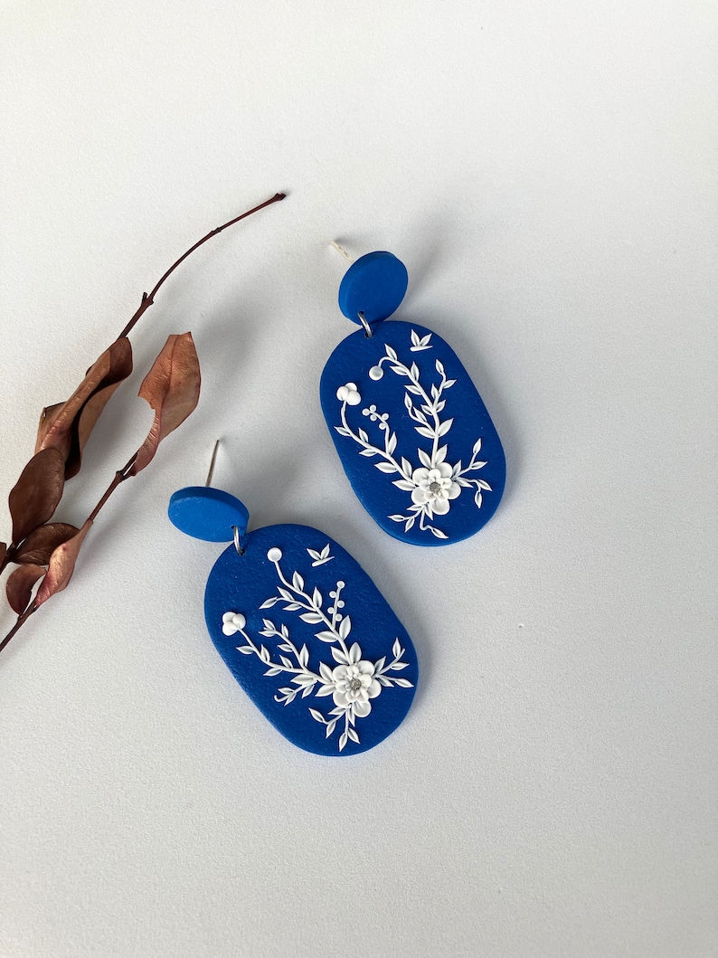 White Flower Polymer Clay Earring for women, Royal Blue Floral Earring, Garden Earring for gift, Embroidery Earring, Floral Jewelry image 5
