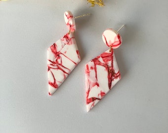 Red White Earring / Marble Polymer Clay Earring / Geometric Boho Earring / Gift Jewelry for her / Art Earring