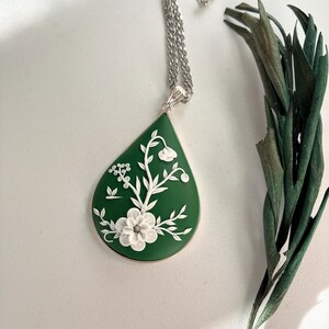 Green Floral Necklace: 925 Sterling Silver, Polymer Clay Pendant