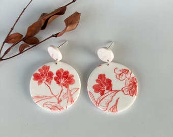 Red Floral Polymer Clay Earring / Print Flower Earring / Magenta Earring / Plant Earring / Garden Earring