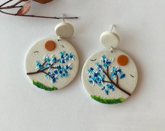 Plant Polymer Clay Earring / Landscape Earring / Garden Earring / Nature Earring / Blue Floral Earring