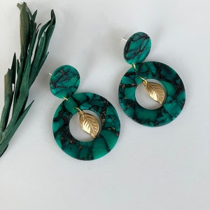 Green Translucent Earring / Circle Polymer Clay Earring / Dark Green Statement Earring / Hollow Earring image 3