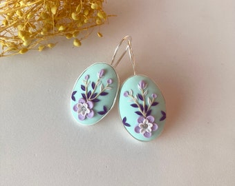 Light Blue Silver Earring / Floral Polymer Clay Earring / Purple Flower Earring / 925 Sterling Silver Earring / Women gift unique