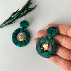 Green Translucent Earring / Circle Polymer Clay Earring / Dark Green Statement Earring / Hollow Earring image 5