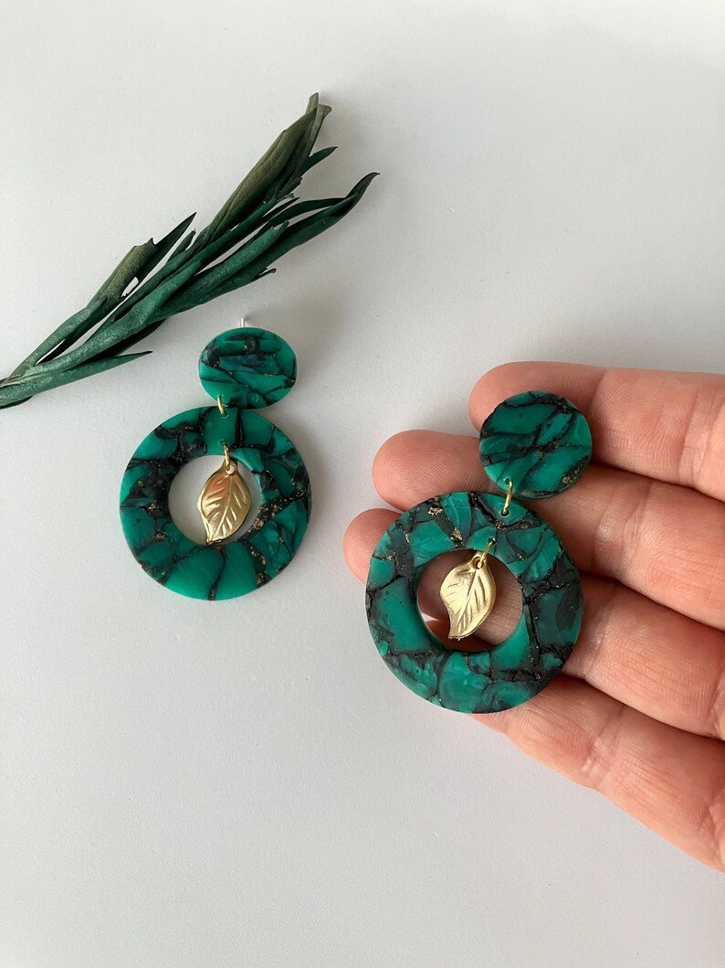 Green Translucent Earring / Circle Polymer Clay Earring / Dark Green Statement Earring / Hollow Earring zdjęcie 5