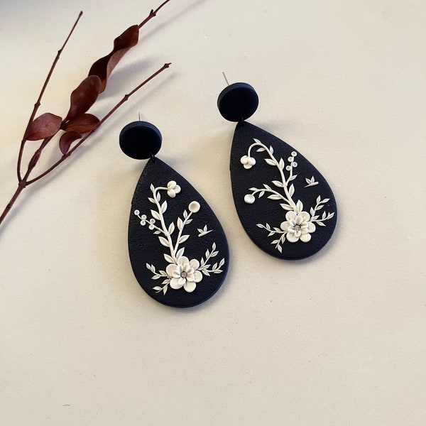 Dark Blue Floral Earring / Garden Polymer Clay Earring for women / Cute Minimal Earring / Unique Embroidery Earring