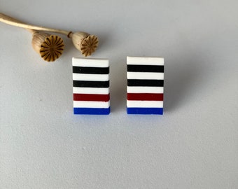 Rectangle Stud Earring / Striped Polymer Clay Earring / Geometric Cute Earring / Black White Earring / Trendy Earring