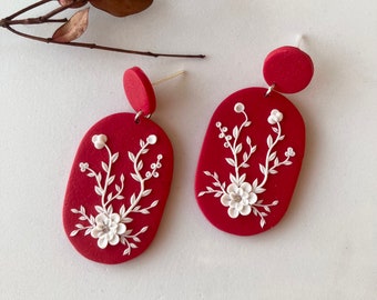 Red Floral Earring / White Flower Polymer Clay Earring / Botanic Earring / Elegant Garden Earring / Plant Earring