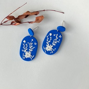 White Flower Polymer Clay Earring for women, Royal Blue Floral Earring, Garden Earring for gift, Embroidery Earring, Floral Jewelry image 8