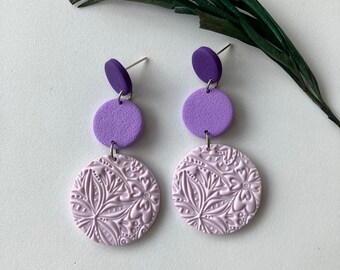 Purple Polymer Clay Earring / Texture Long Earring / Circle Statement Earring / Light weight Earring