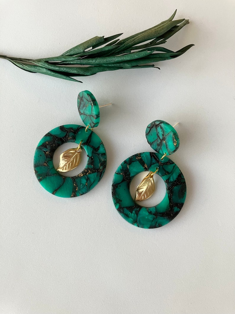 Green Translucent Earring / Circle Polymer Clay Earring / Dark Green Statement Earring / Hollow Earring zdjęcie 7