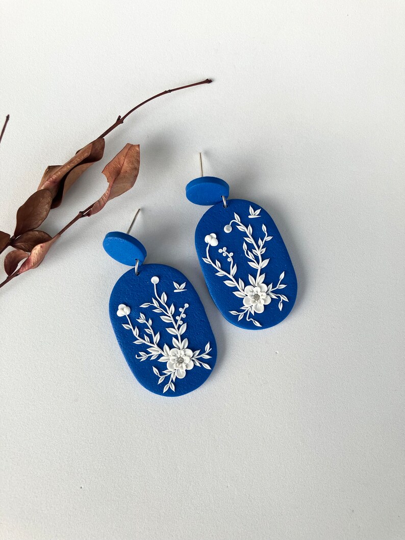 White Flower Polymer Clay Earring for women, Royal Blue Floral Earring, Garden Earring for gift, Embroidery Earring, Floral Jewelry image 2