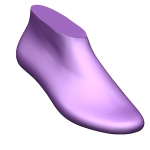 May include: A solid, three-dimensional, lavender-colored shoe last, designed in a foot shape. The form is smooth and rounded, with a clear heel and toe. The object is set against a plain white background.