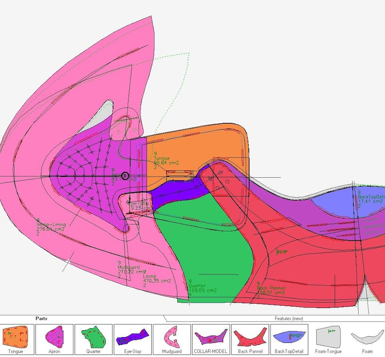 May include: A diagram of a shoe pattern with different colored sections labeled with names and measurements in square centimeters. The sections include the tongue, mudguard, quarter, back panel, and back top detail.