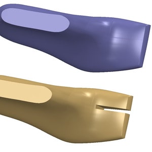May include: Two 3D models of a shoe last, one in a light blue color and the other in a light brown color. The light brown shoe last has a split in the toe area.