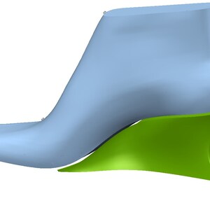 May include: A light blue shoe with a green wedge heel.