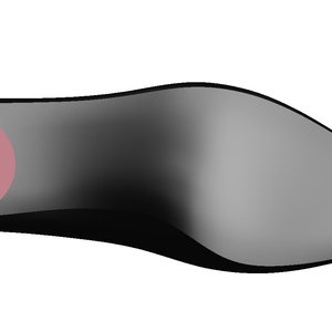 May include: A black leather shoe sole with a pink insole.