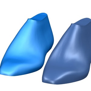 Può includere: Due forme per scarpe, una blu chiaro e una blu scuro, sono mostrate su uno sfondo bianco.