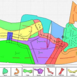 Può includere: Uno schema di un modello di scarpa con diverse sezioni colorate etichettate con nomi come "Tongue Lining", "Tongue Apron", "Apron", "Vamp1", "Collar", "Quarter", "Eye Stay", "Side Part", "WINGS", "Back Stay" e "Counter".