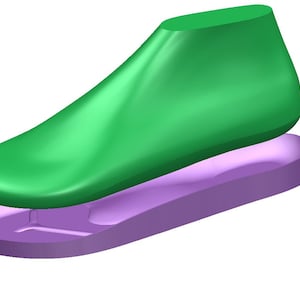 May include: A green shoe last with a purple sole. The last is a 3D model used for making shoes.
