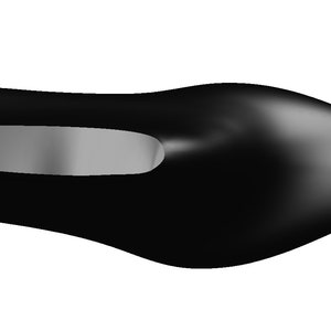 May include: A black leather pointed-toe women's shoe.