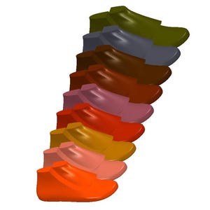 May include: A stack of ten colorful slipper socks in various shades of red, orange, yellow, green, blue, and purple. The socks are arranged in a graduated color scheme, with the darkest color at the bottom and the lightest color at the top.