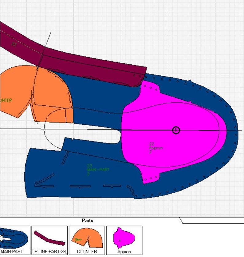 May include: A shoe pattern design with different coloured pieces labelled "Main-Part", "DP-Line-Part-29", "Counter", and "Appron".