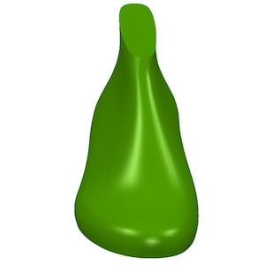 Puede incluir: Un objeto liso en forma de pera de color verde con una parte superior redondeada y una parte inferior puntiaguda.