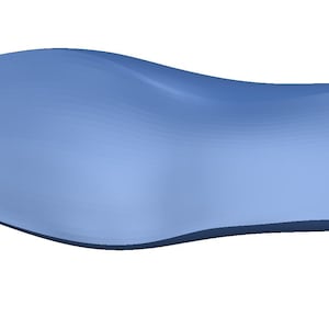 May include: A light blue shoe insole with a curved shape and a smooth surface.