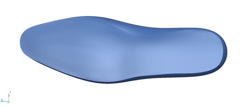 May include: A light blue shoe insole with a curved shape and a smooth surface.