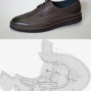 May include: A brown leather oxford shoe with a brogue design and a thick rubber sole.