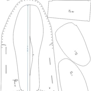 Peut inclure: Un patron de chaussure en noir et blanc avec des mesures en millim&egrave;tres. Le patron comprend les mots "K/p Ber", "Det/K/v", "Mok", "Obsouz" et "K/p S".