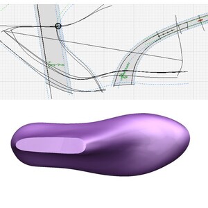 May include: A purple 3D model of a shoe sole. The sole is curved and has a smooth surface.