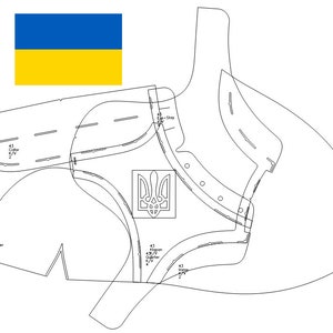 May include: A schematic diagram with the Ukrainian coat of arms and flag. The diagram is composed of several overlapping, irregularly shaped pieces with labels. The Ukrainian flag is blue and yellow.