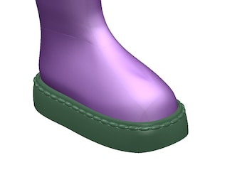 May include: Purple boot with a green sole and a decorative stitching detail around the top of the sole.