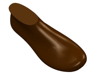 May include: A brown shoe last, a wooden form used in shoemaking to create the shape of a shoe.