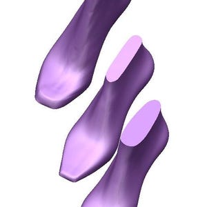 May include: Three purple shoe lasts with a light purple top section. The shoe forms are arranged diagonally against a white background. The shoe forms have a pointed toe.