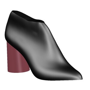 May include: Black ankle boot with a pointed toe and a chunky burgundy heel.