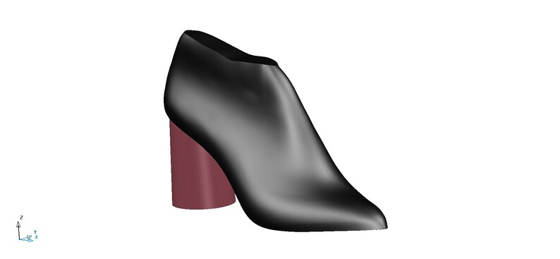 May include: Black ankle boot with a pointed toe and a chunky burgundy heel.