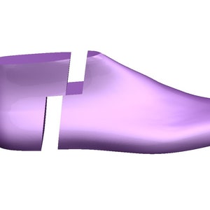 Puede incluir: Una horma de zapato de color morado, una herramienta utilizada por los zapateros para crear y dar forma a los zapatos, se muestra en dos piezas.