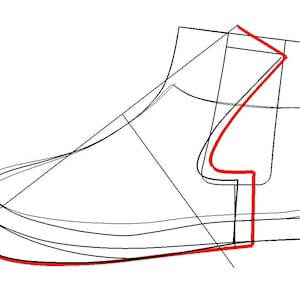 Op de afbeelding: Een zwart-witte lijntekening van een schoen met een rode omtrek. De schoen heeft een spitse neus en een dikke zool.