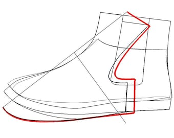 May include: A black and white line drawing of a shoe with a red outline. The shoe has a pointed toe and a thick sole.