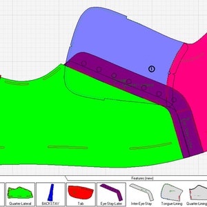 May include: A diagram showing the different parts of a shoe, including the tongue, vamp, quarter-lateral, backstay, tab, eye-stay-later, inter-eye-stay, tongue lining, quarter lining, vamp lining, and counter lining. The parts are labeled in a separate section below the diagram.