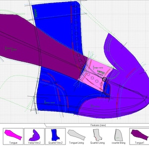 Op de afbeelding: Een diagram dat de verschillende delen van een schoenontwerp laat zien. De delen zijn gelabeld: Vamp-Lining, Tongue, Vamp-Vers2, Quarter-Vers2, Tongue-Lining, Quarter-Lining, counter-lining, Tongue1 en Tongue-vamp.