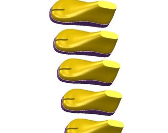 May include: A set of six yellow shoe lasts, stacked vertically. The lasts are made of a smooth, glossy material and have a rounded toe shape.