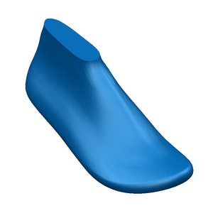 Puede incluir: Un modelo 3D azul de una horma de zapato, una forma que se utiliza en la fabricación de zapatos para crear la forma de un zapato.